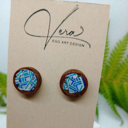 Wood Stud Earrings with Batiked Blue Mosaic Eggshell