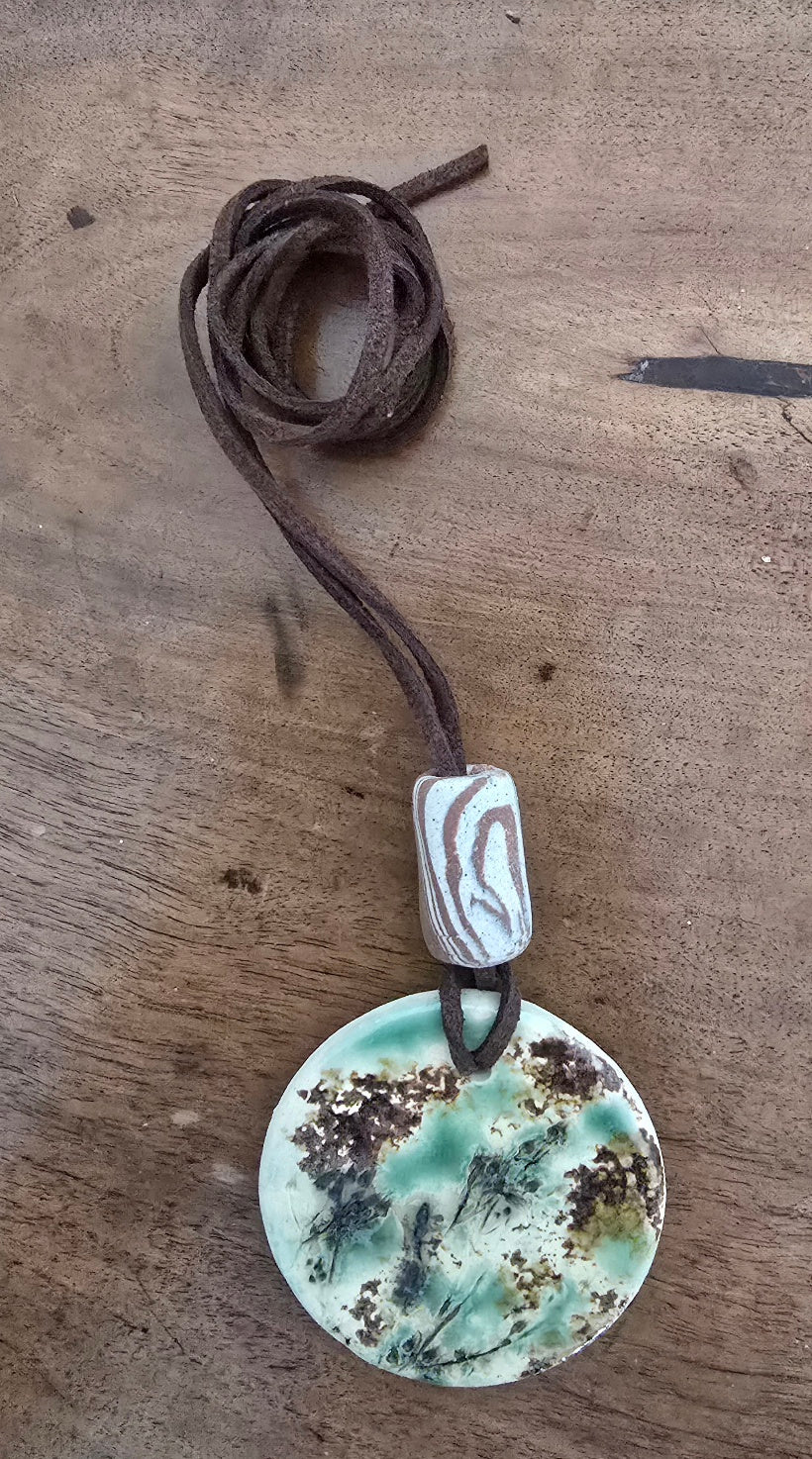 Botanical Imprint Clay Pendant – Handmade Ceramic Necklace
