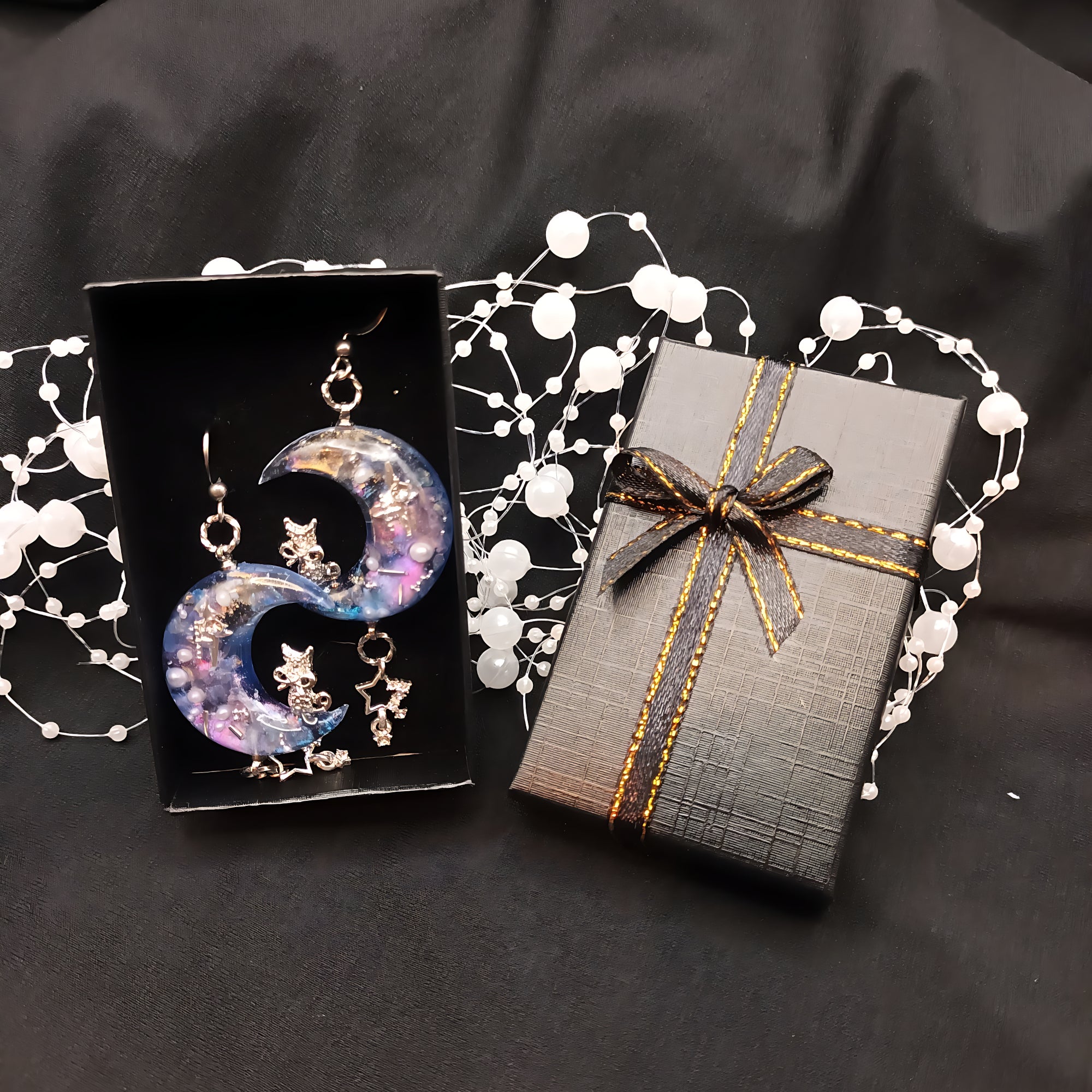 Cosmic Cresent Moon with a Cat Earrings