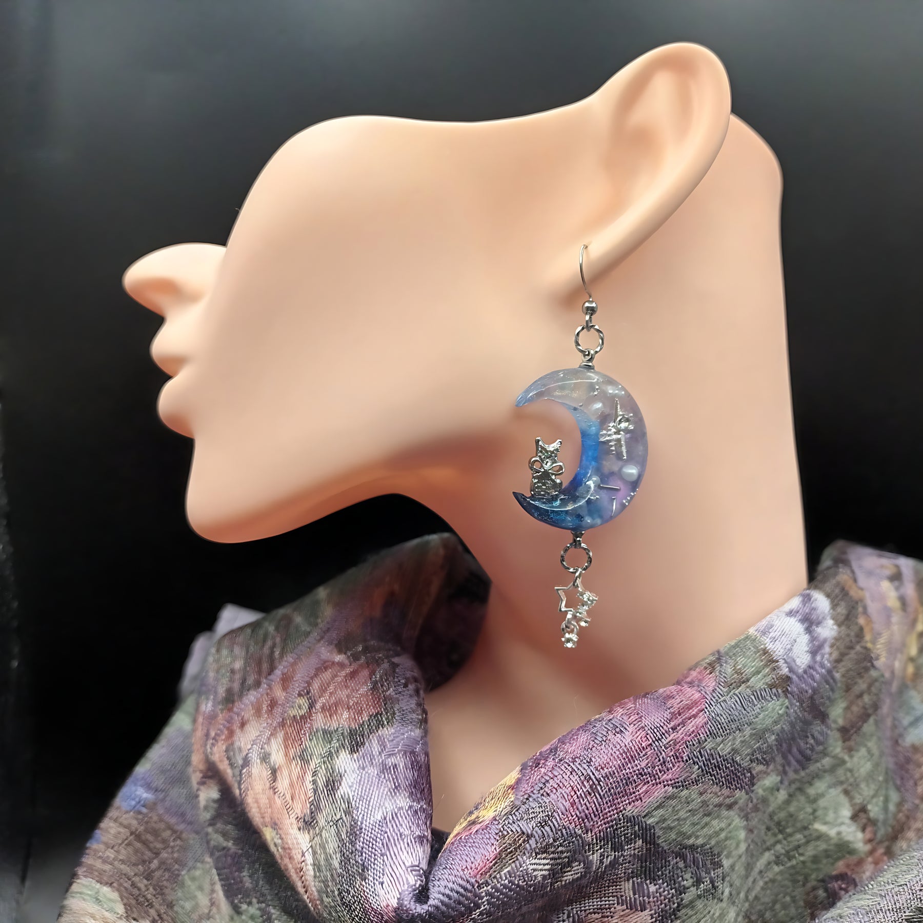 Cosmic Cresent Moon with a Cat Earrings