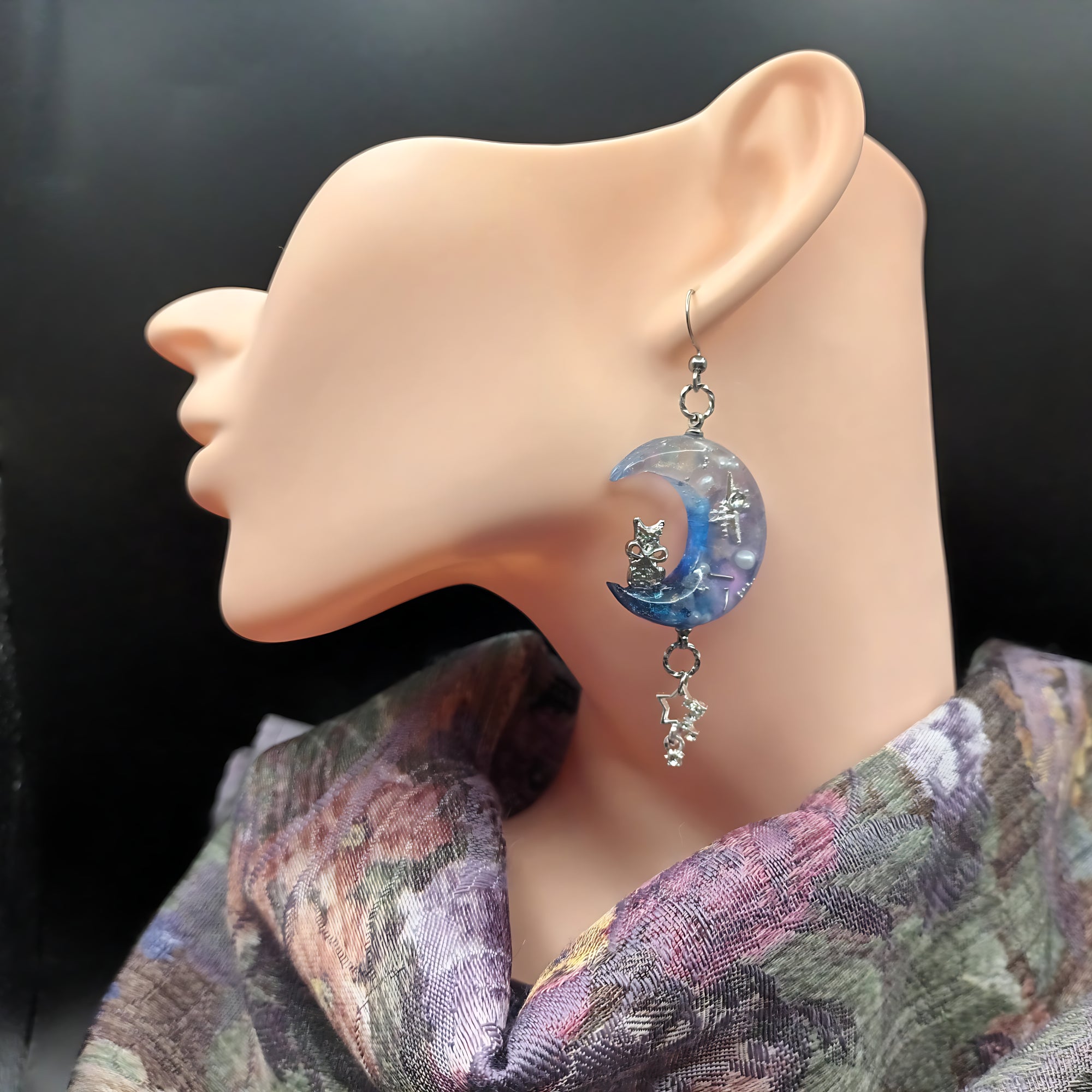 Cosmic Cresent Moon with a Cat Earrings