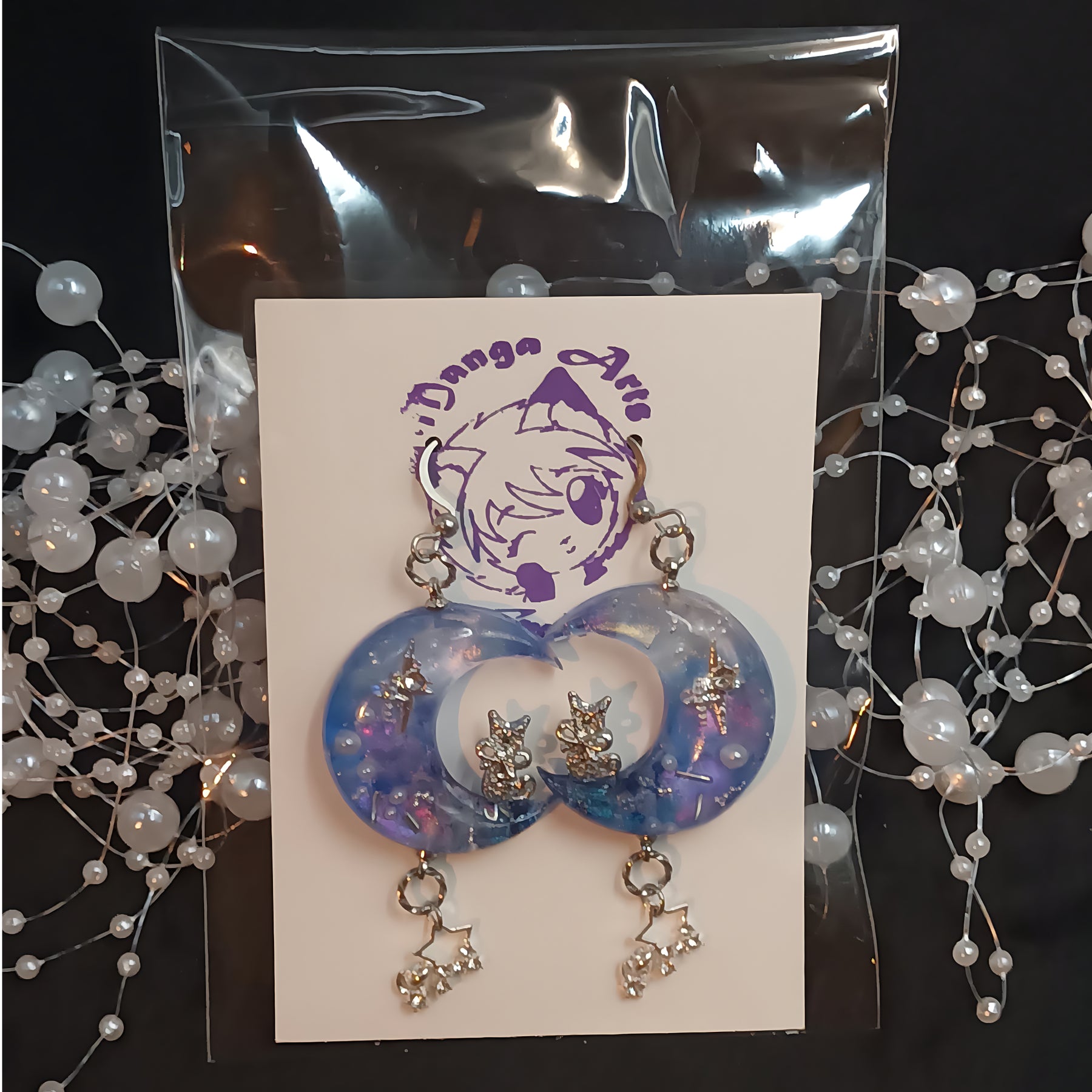 Cosmic Cresent Moon with a Cat Earrings