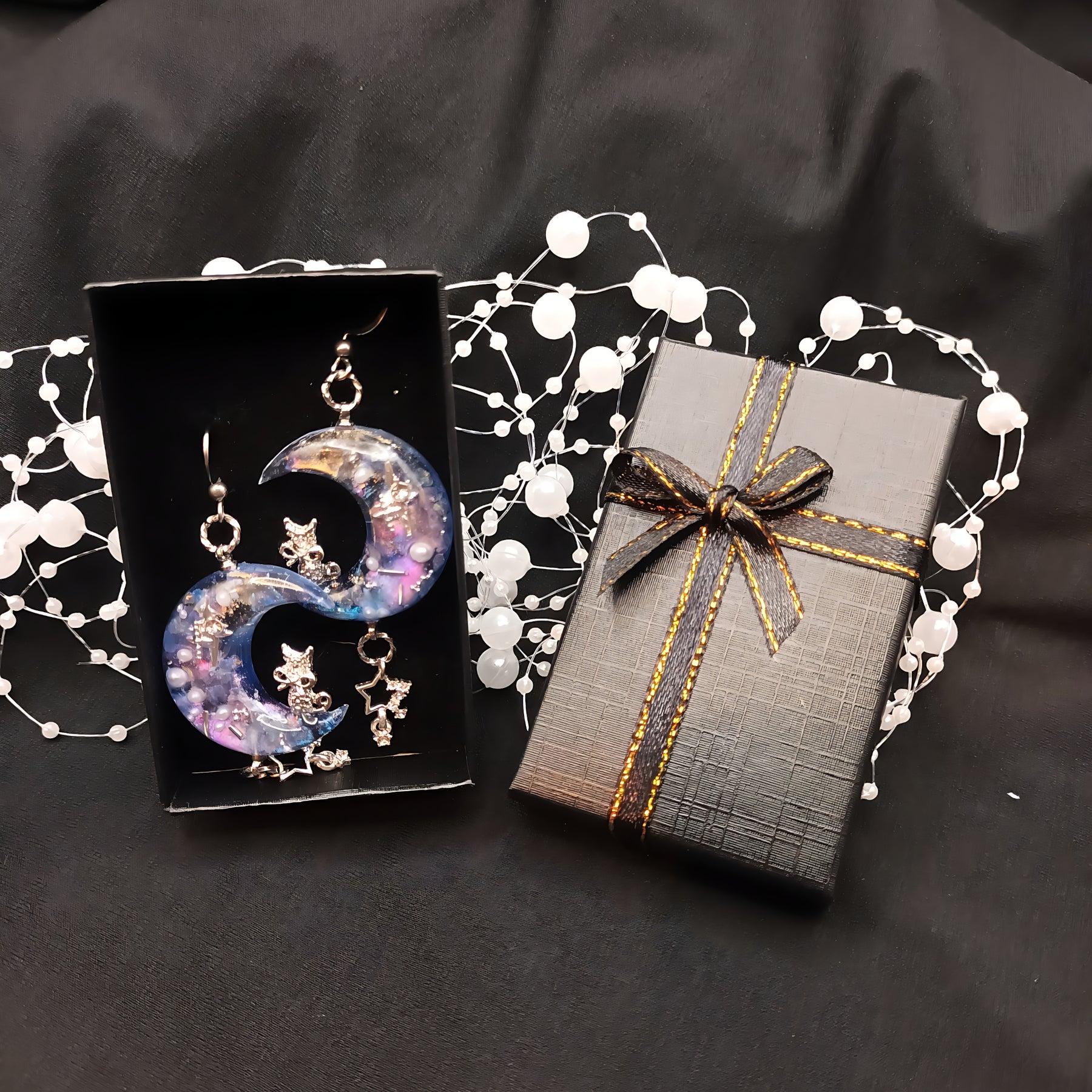 Cosmic Cresent Moon with a Cat Earrings