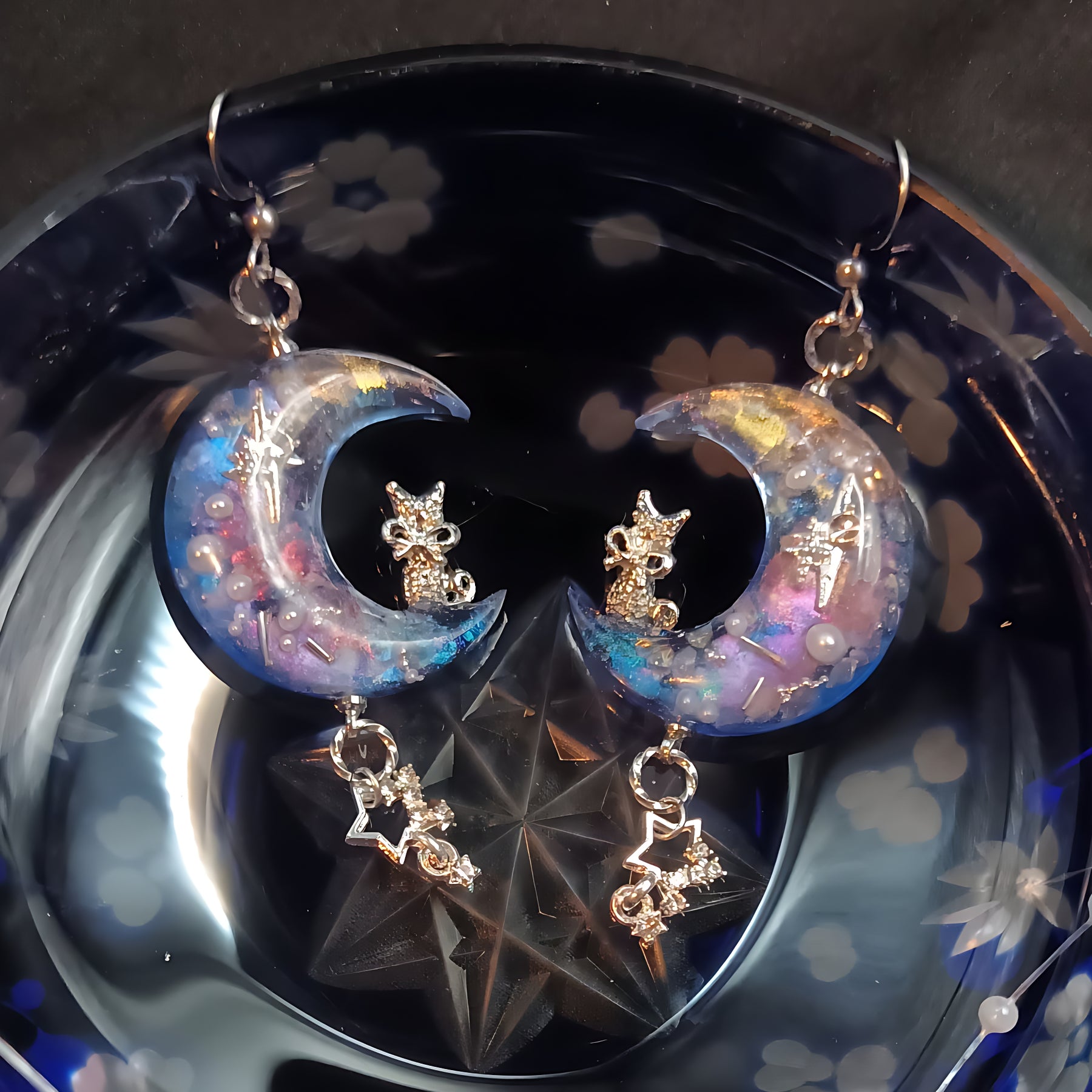Cosmic Cresent Moon with a Cat Earrings