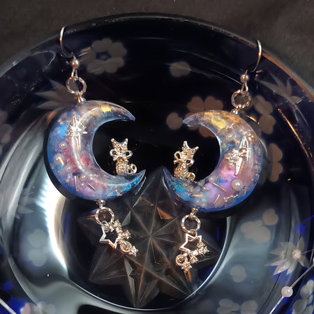 Cosmic Cresent Moon with a Cat Earrings