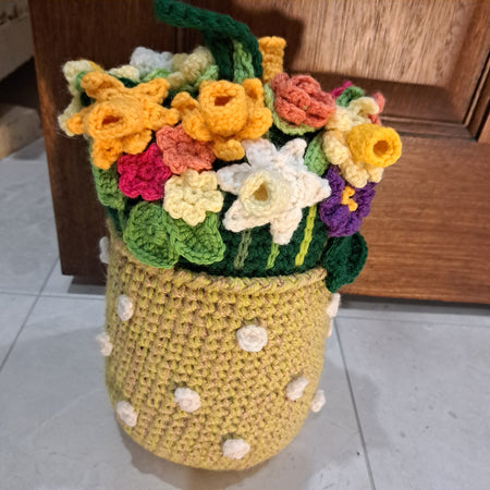 Handmade Crochet doorstop spring flowers in a yellow vase