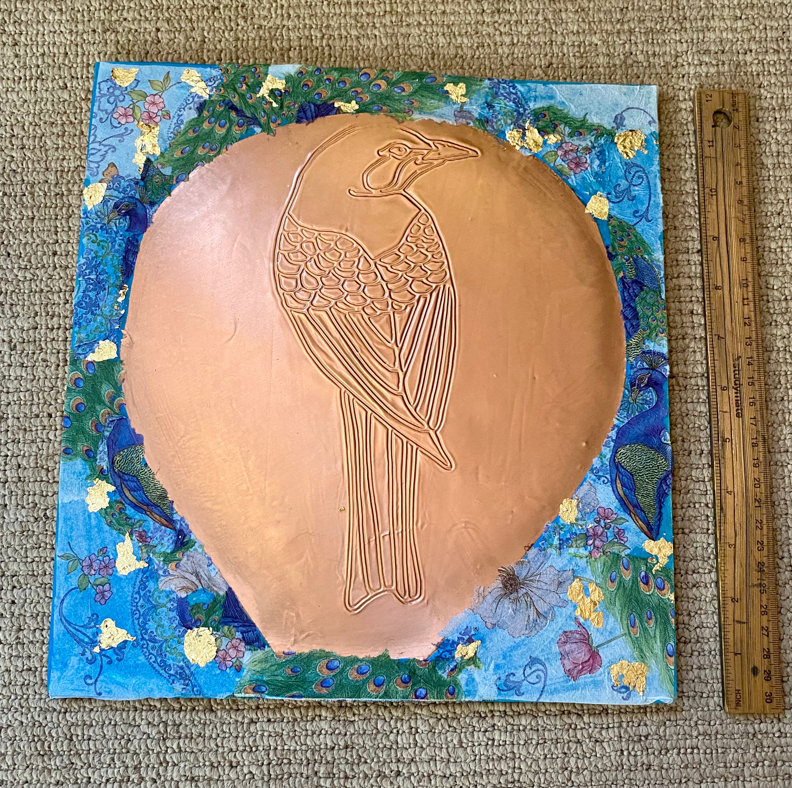 Hand drawn, embossed copper, bird wall art .