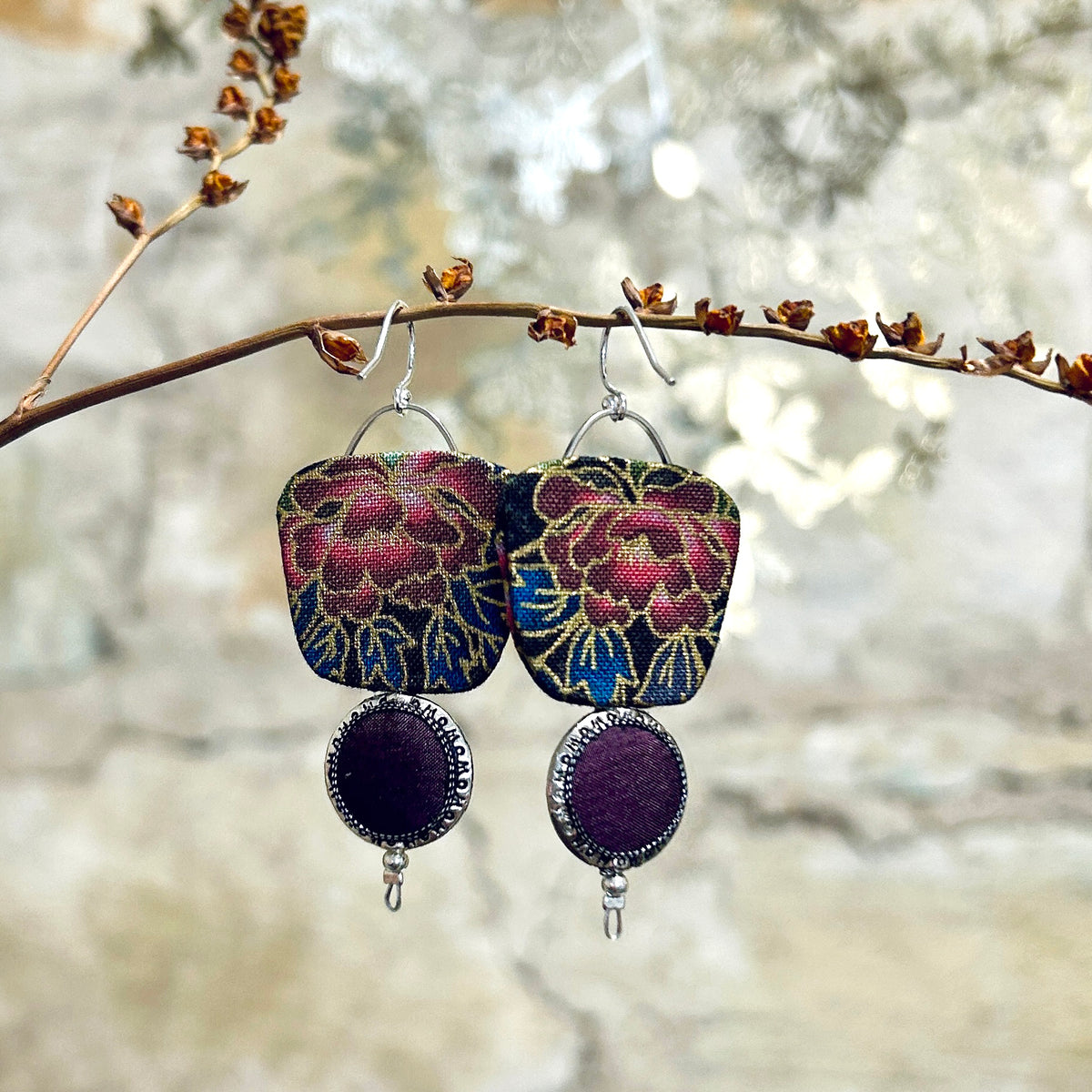 Earrings Pink Plum Blue Black Floral Reversible - EC-638