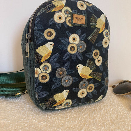 Convertible Backpack/Crossbody Bag - Yellow Bird & Dark Green Corduroy