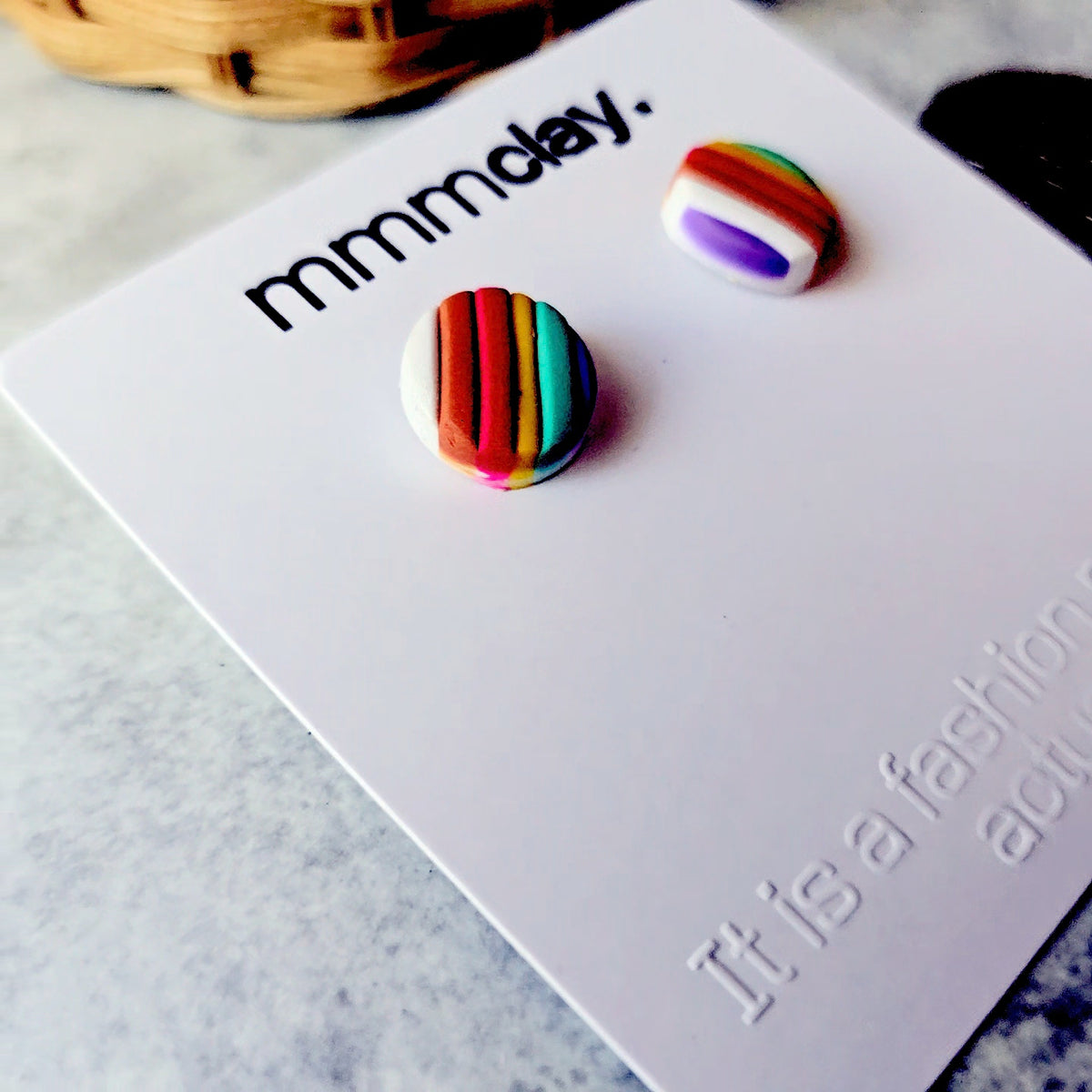 Rainbow Striped Polymer Clay Stud Earrings