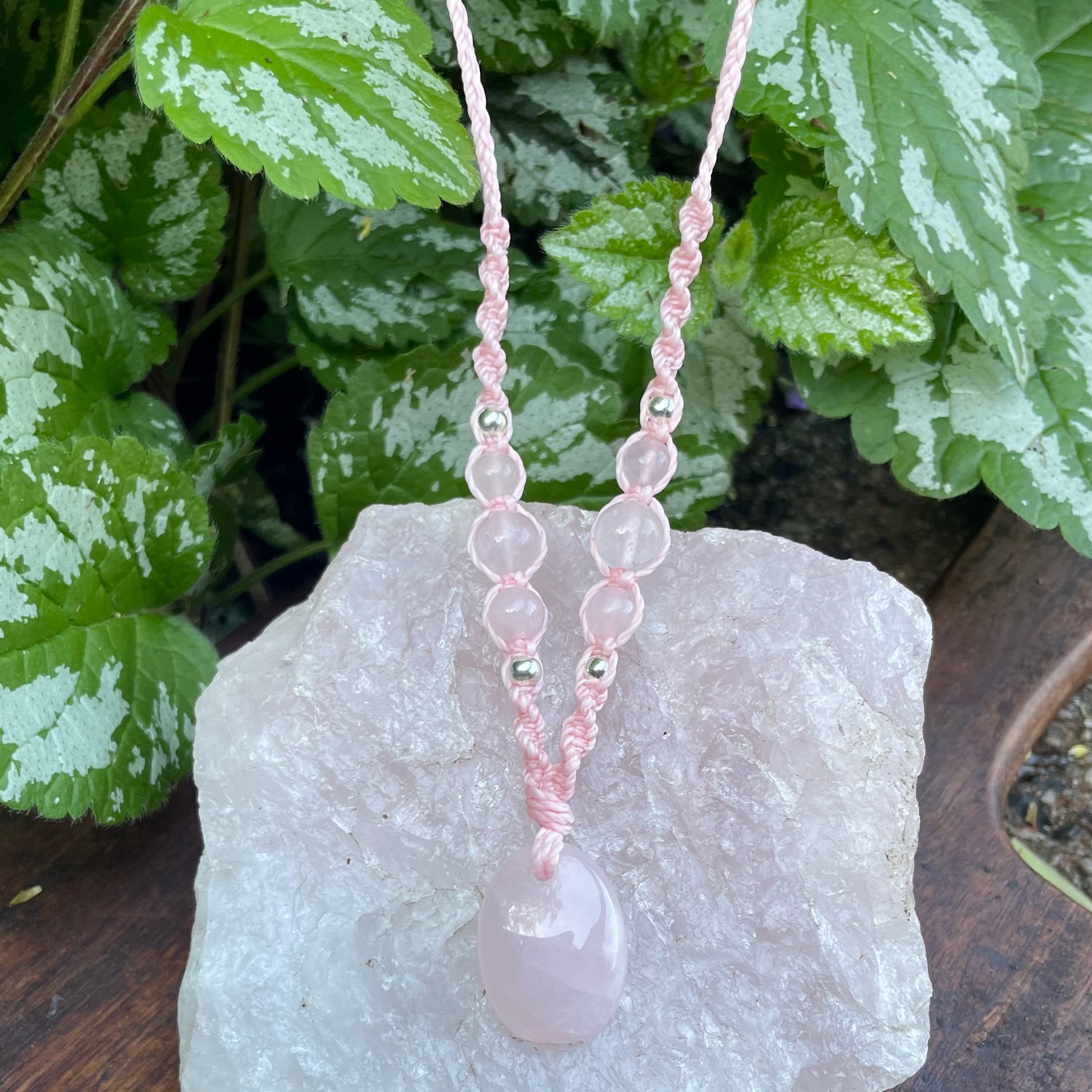 Rose Quartz Pendant, oval shape, beaded necklace adjustable