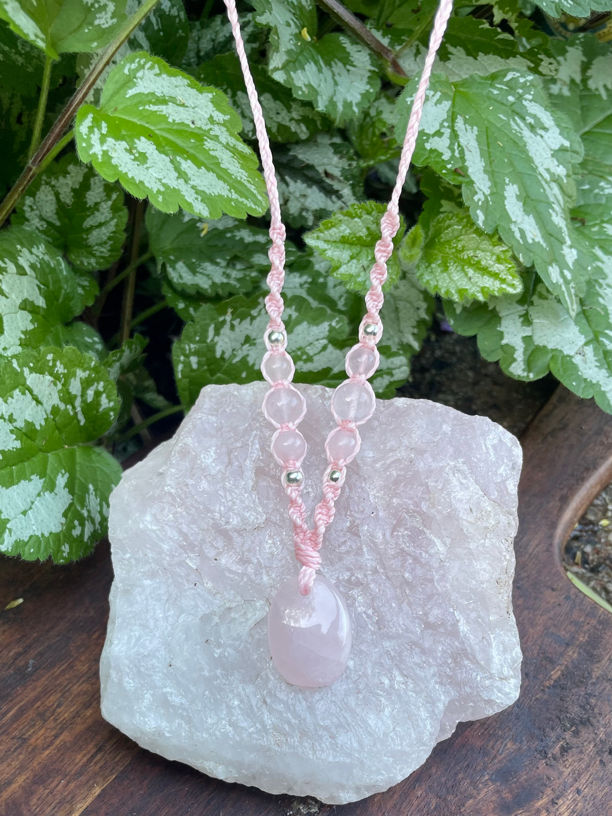 Rose Quartz Pendant, oval shape, beaded necklace adjustable