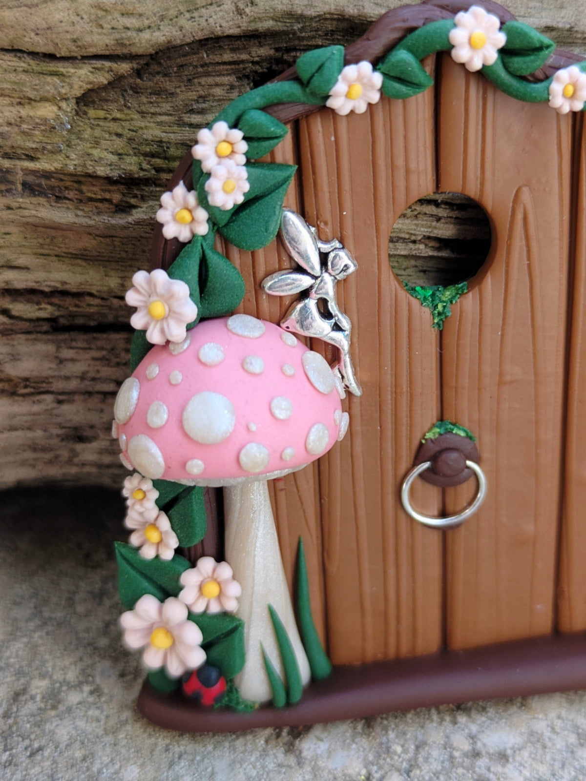 Mini Woodland Fairy Door with Pink Mushroom & Silver Fairy