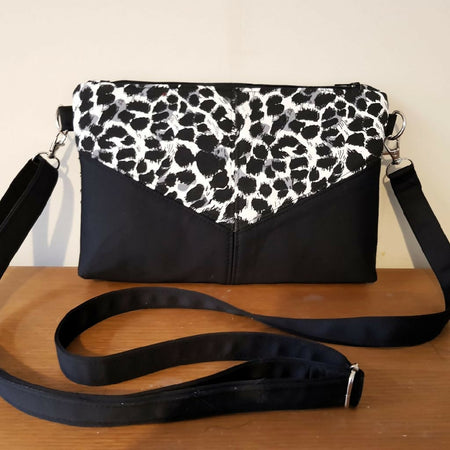 Small upcycled crossbody bag - animal print black & white