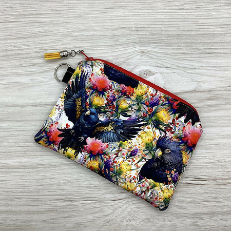 Black Cockatoos Zip Pouch (18cm x 13cm). Fully lined, lightly padded