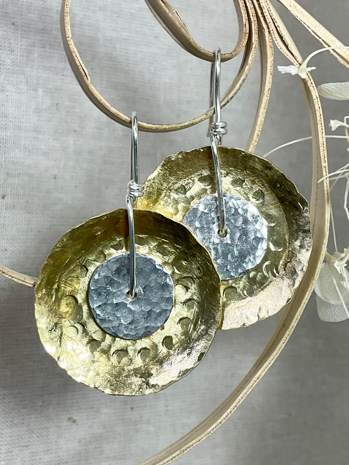 Brass and argentium silver disc earrings. Handmade