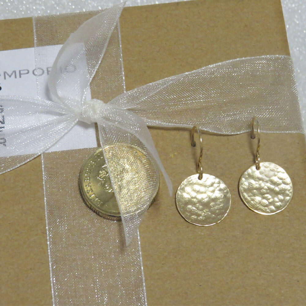 14K Gold-Fill Textured Round Disc On Trend Dangle Earrings