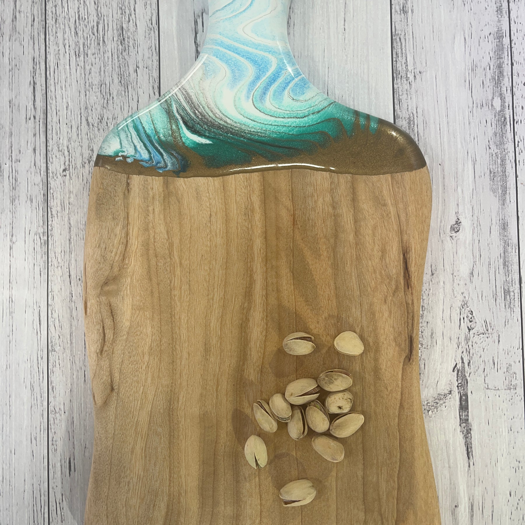 White,gold, blue & aqua abstract paddle cheeseboard