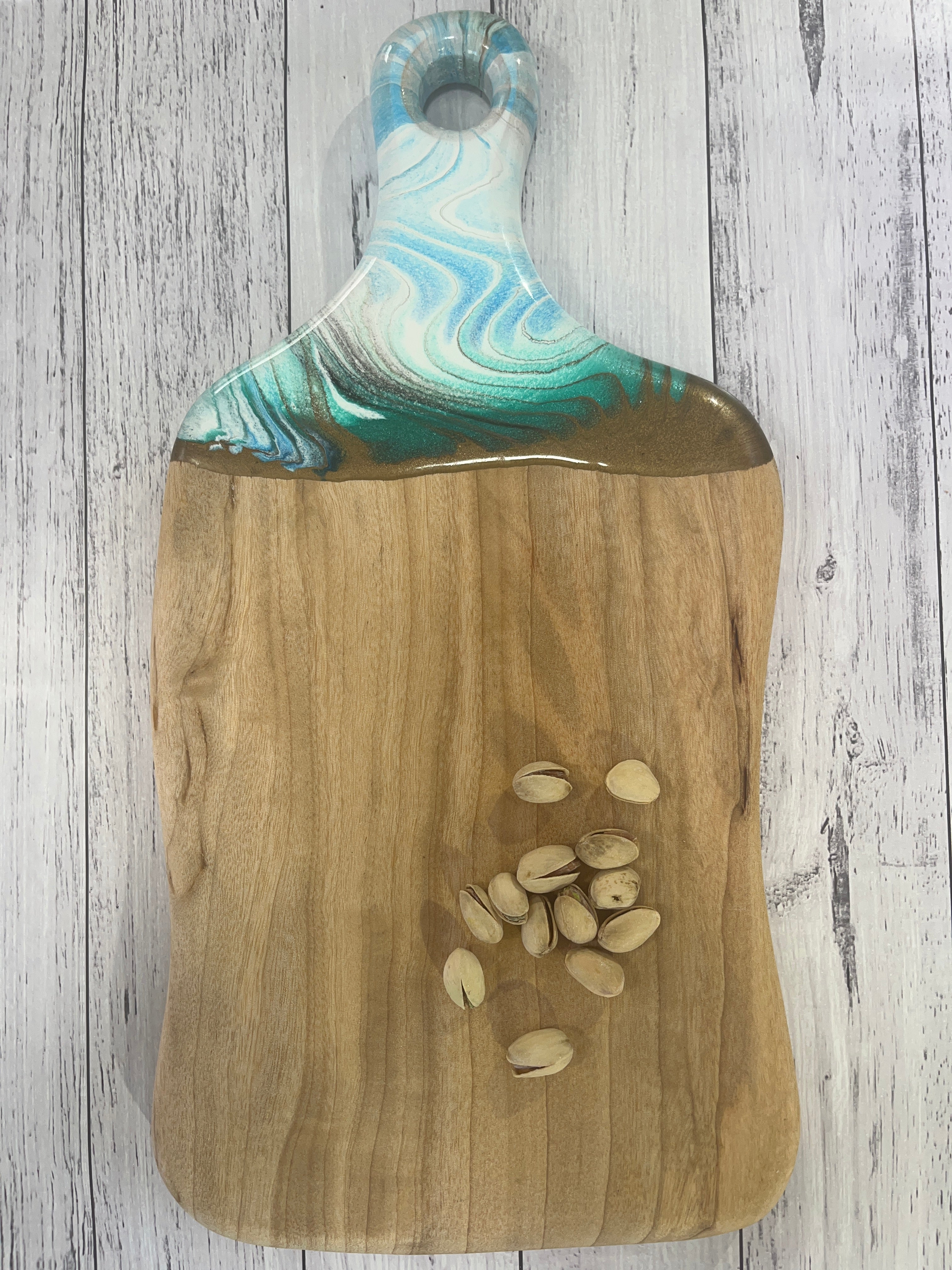 White,gold, blue & aqua abstract paddle cheeseboard