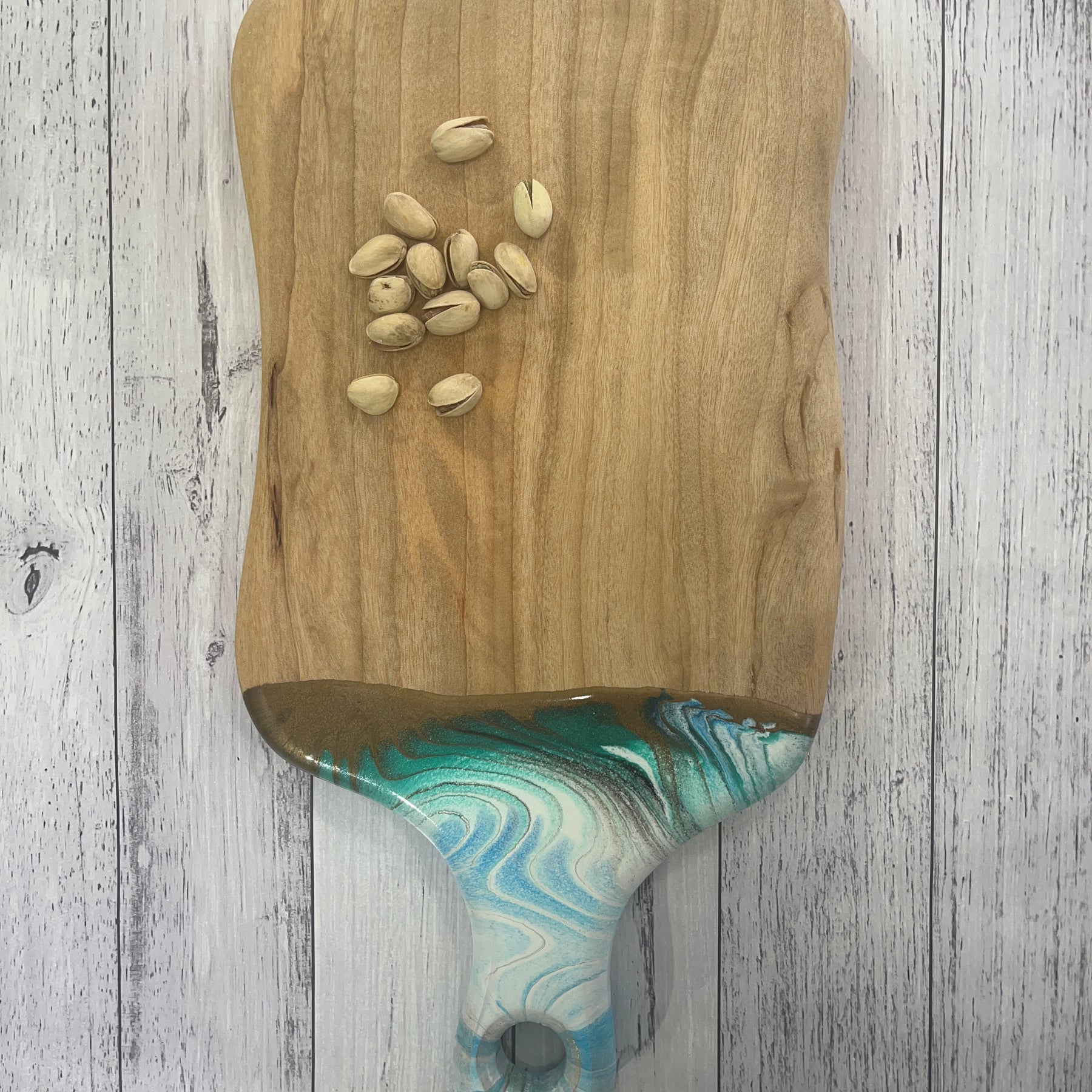 White,gold, blue & aqua abstract paddle cheeseboard