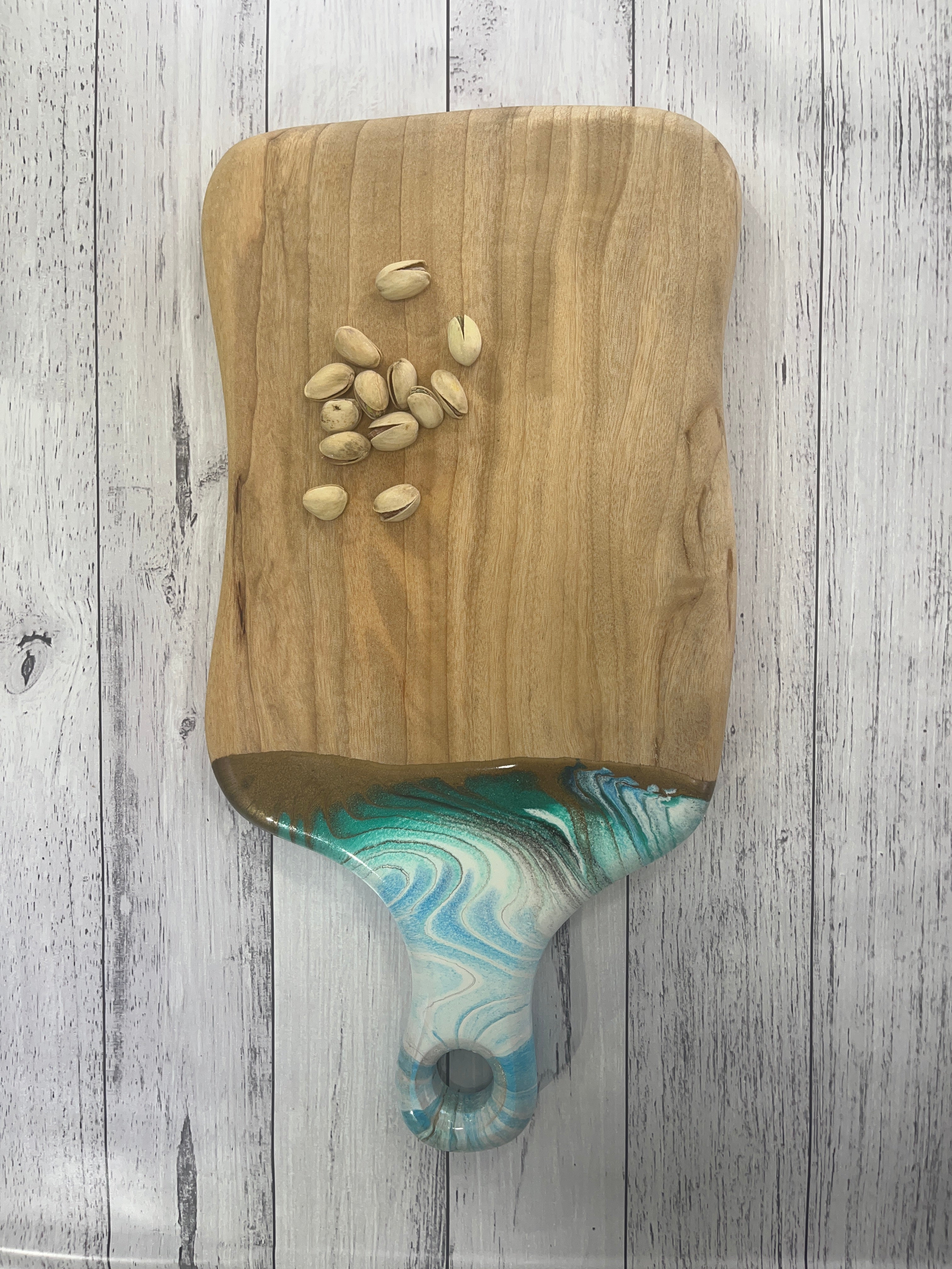 White,gold, blue & aqua abstract paddle cheeseboard