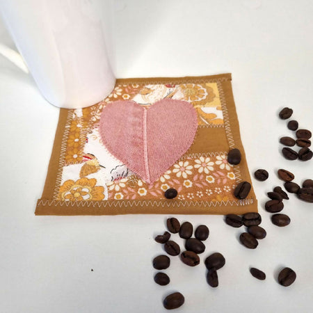 Chai-Coloured Retro Mug Rug with Pink Heart - Single Coaster - FREE SHIPPING!