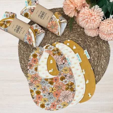 3 Dribble Bibs Bundle - Retro Floral - Mustard Bunny - Suns