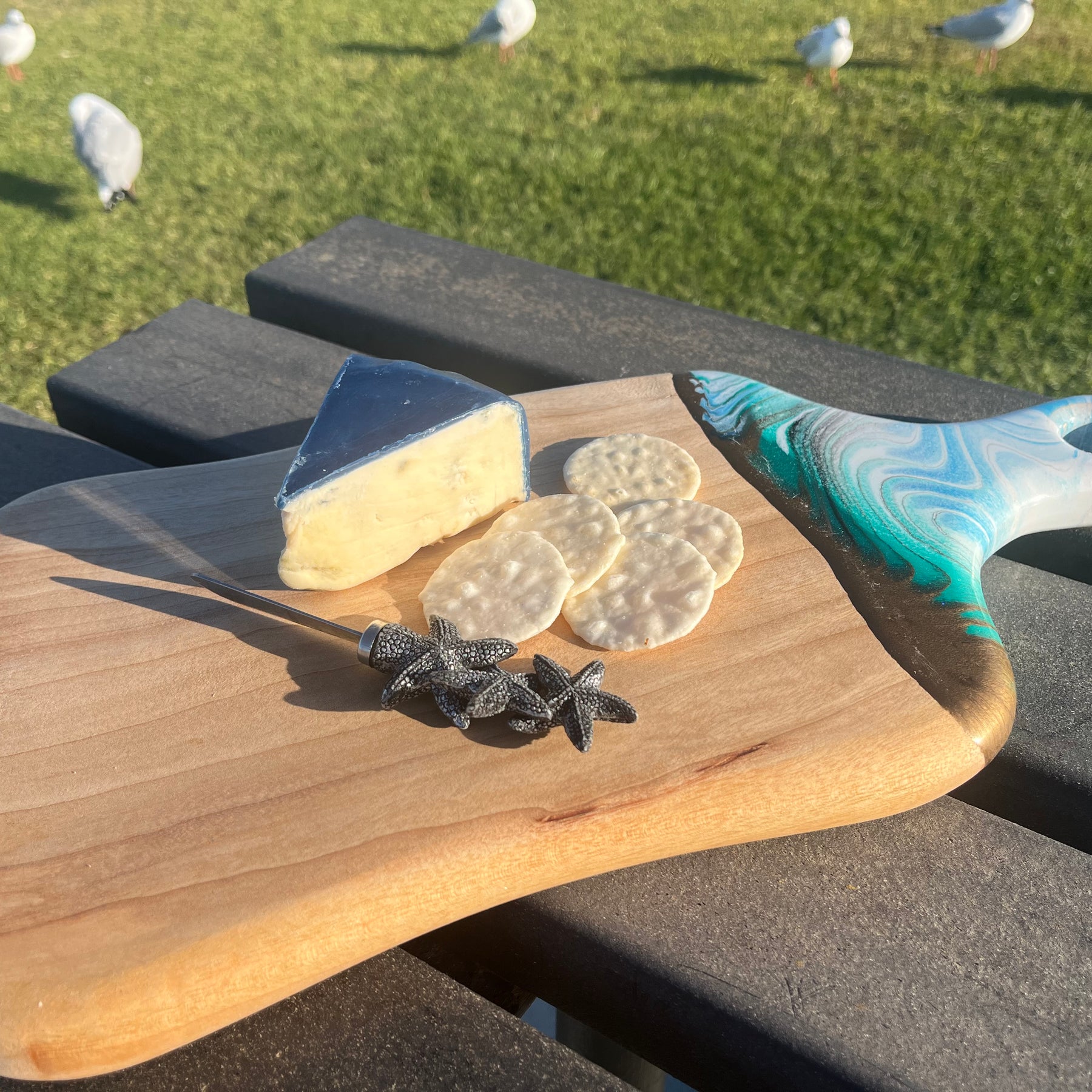 White,gold, blue & aqua abstract paddle cheeseboard