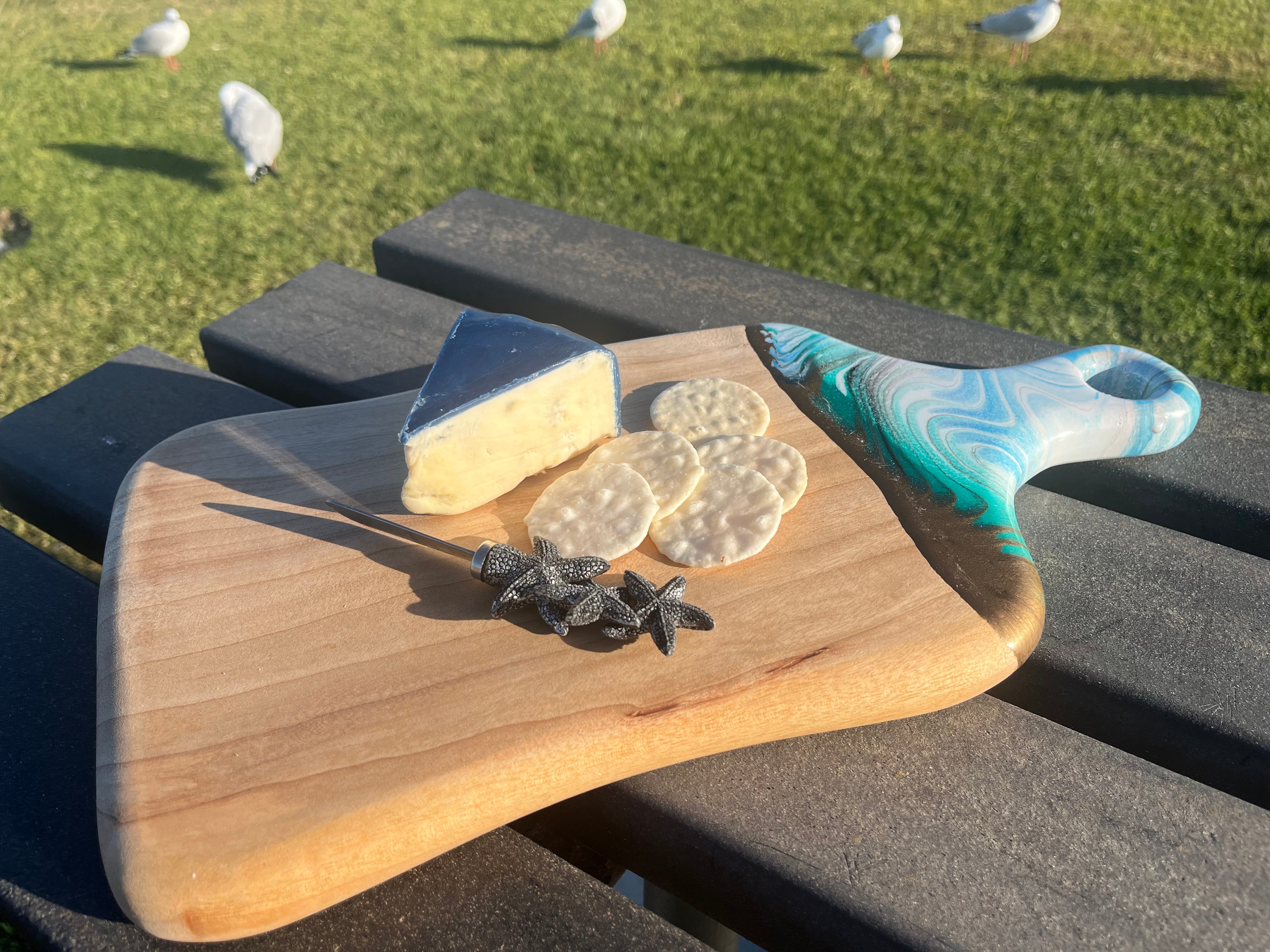 White,gold, blue & aqua abstract paddle cheeseboard