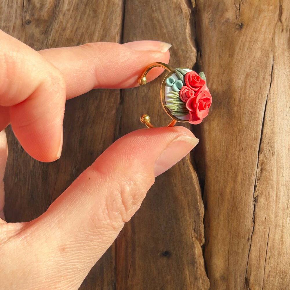Floral Rose Hand sculpted ring - Peach orange