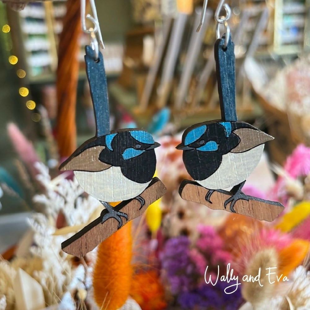 Australian-handmade-superb-fairy-wren-earrings-hanging