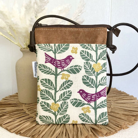 Cross Body Phone Sling Bag in Tan Canvas with Birds