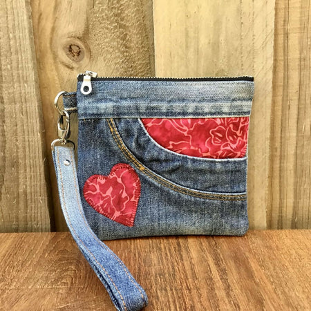 Upcycled Denim Pocket Purse – Red Batik Heart