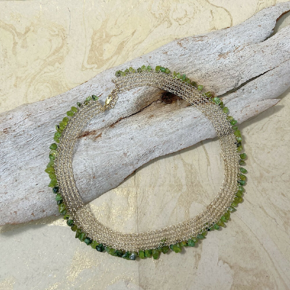 Knitted gold filled with peridot necklace