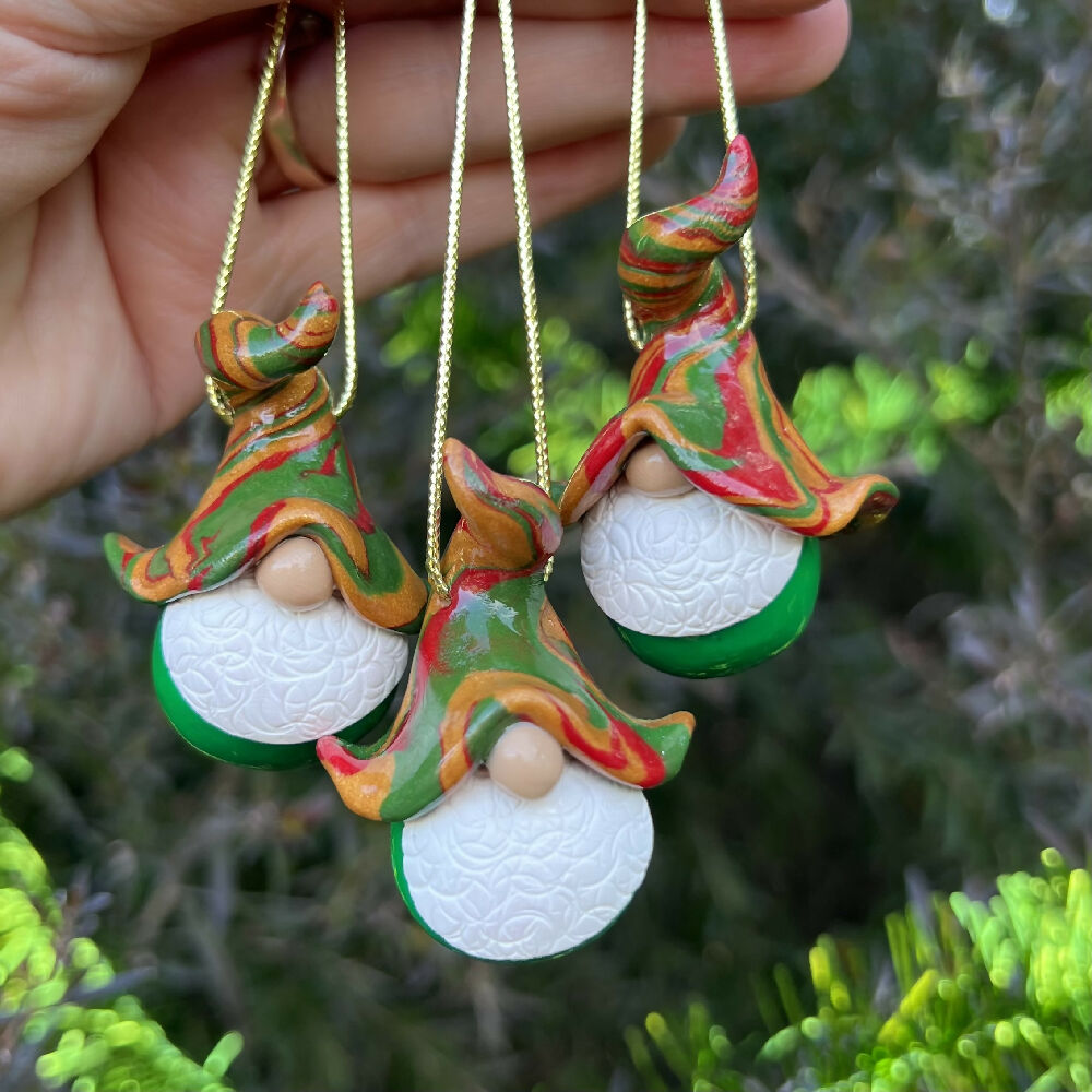 Gnome Christmas baubles trio - green, red, gold (green bottoms)