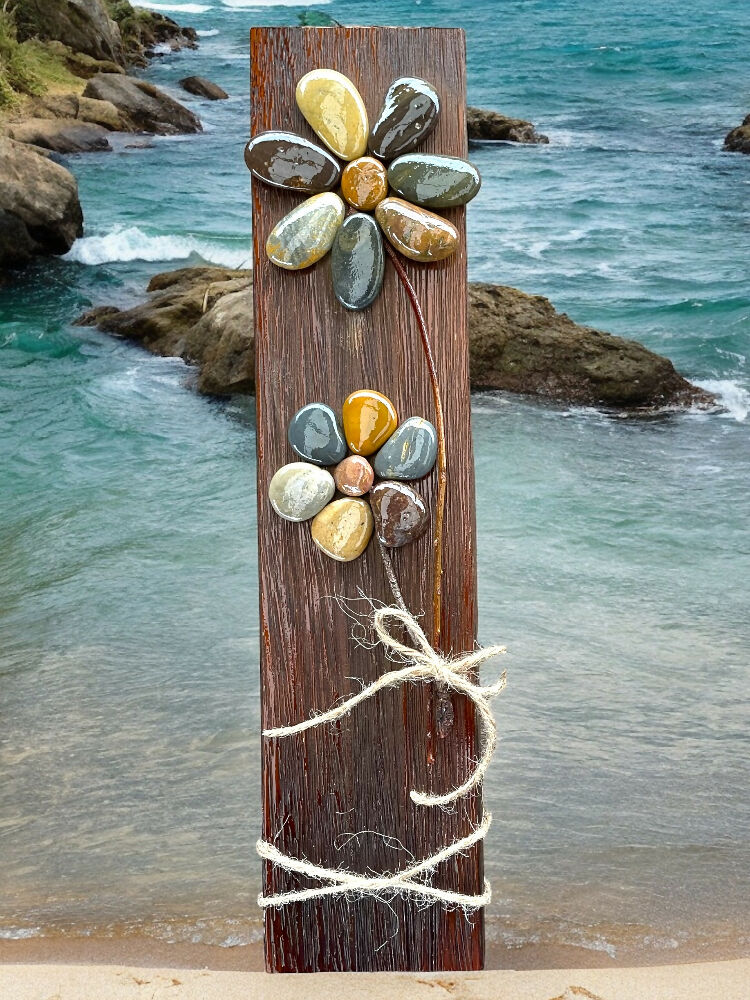 Timber / Wooden Decor Hanger - 2 Pebble flowers with stems