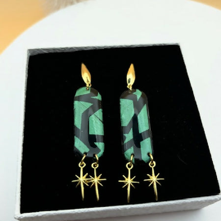 Geometric Green and Black Starburst Drop Earrings – Handmade Statement Jewelry