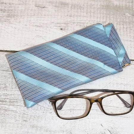 Flex frame glasses pouch, upcycled tie - light blue stripes