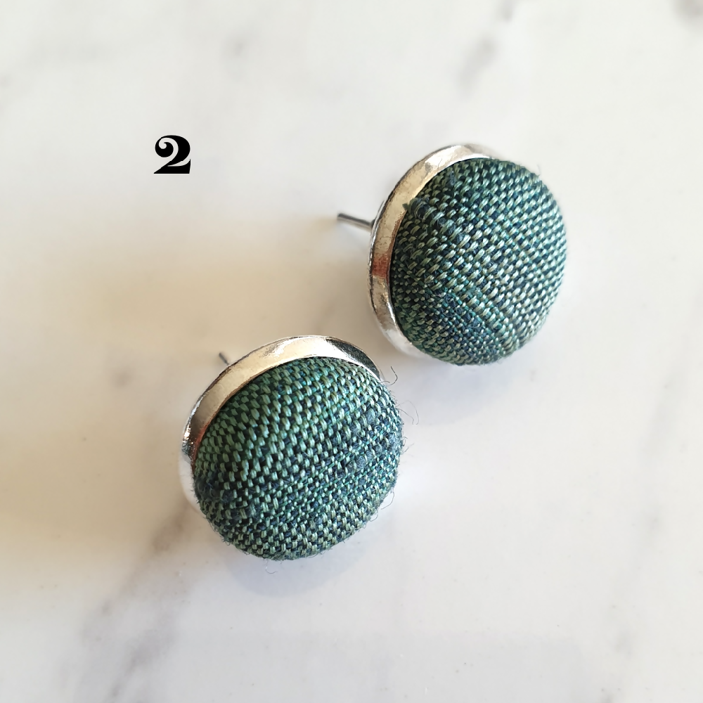 1.4cm Round Green Gradient Japanese Kimono Fabric Silver colour Cabochon stud earrings