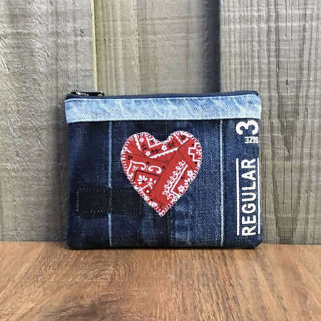 Upcycled Denim Coin Pouch – Red Paisley Heart