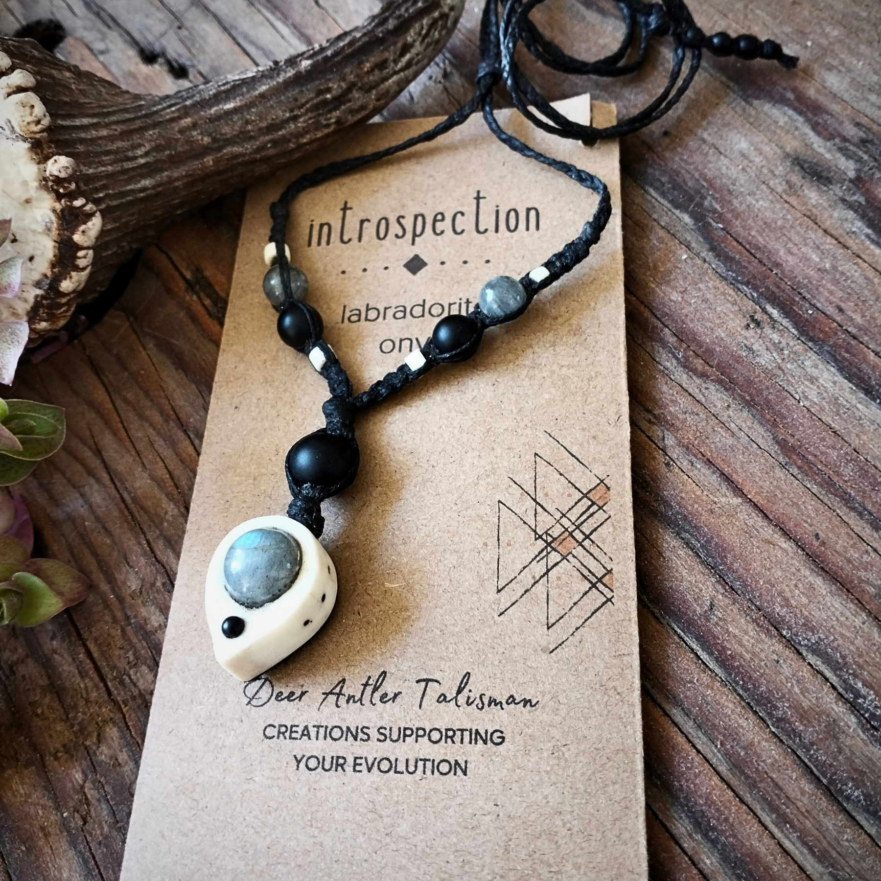 •| LABRADORITE | ONYX | DEER ANTLER |• NECKLACE