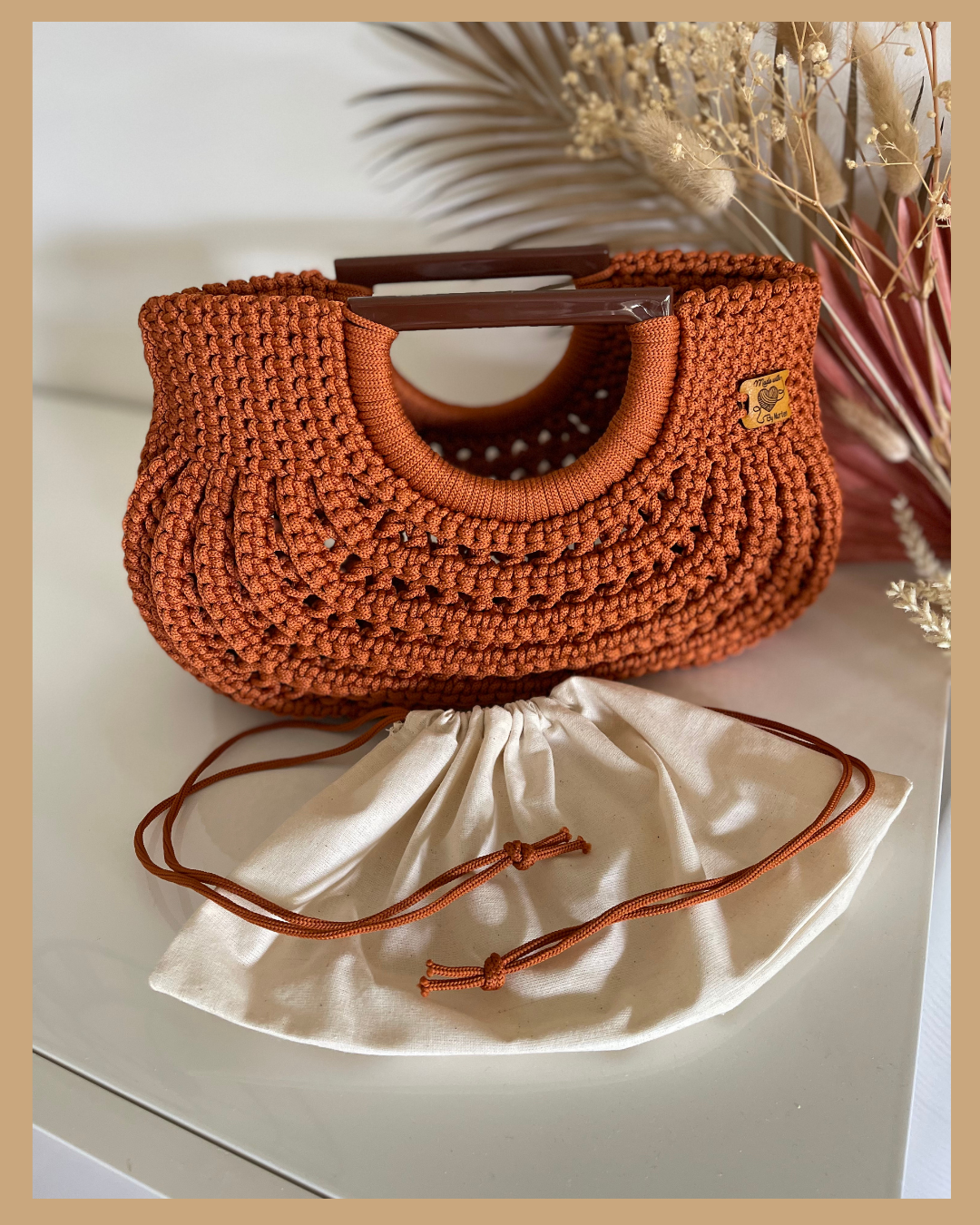 Handmade Crochet Handbag, Polyester Cord Bag with Wooden Handles, 32 cm Wide