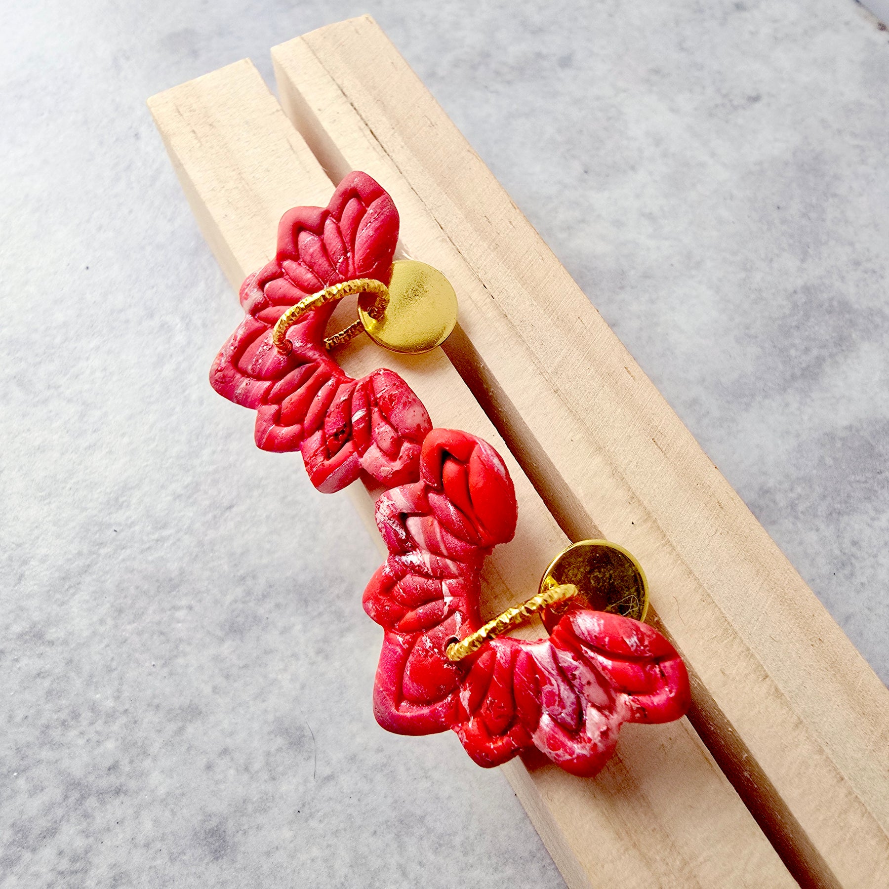 Red Marbled Floral 9k Gold Plated Earrings