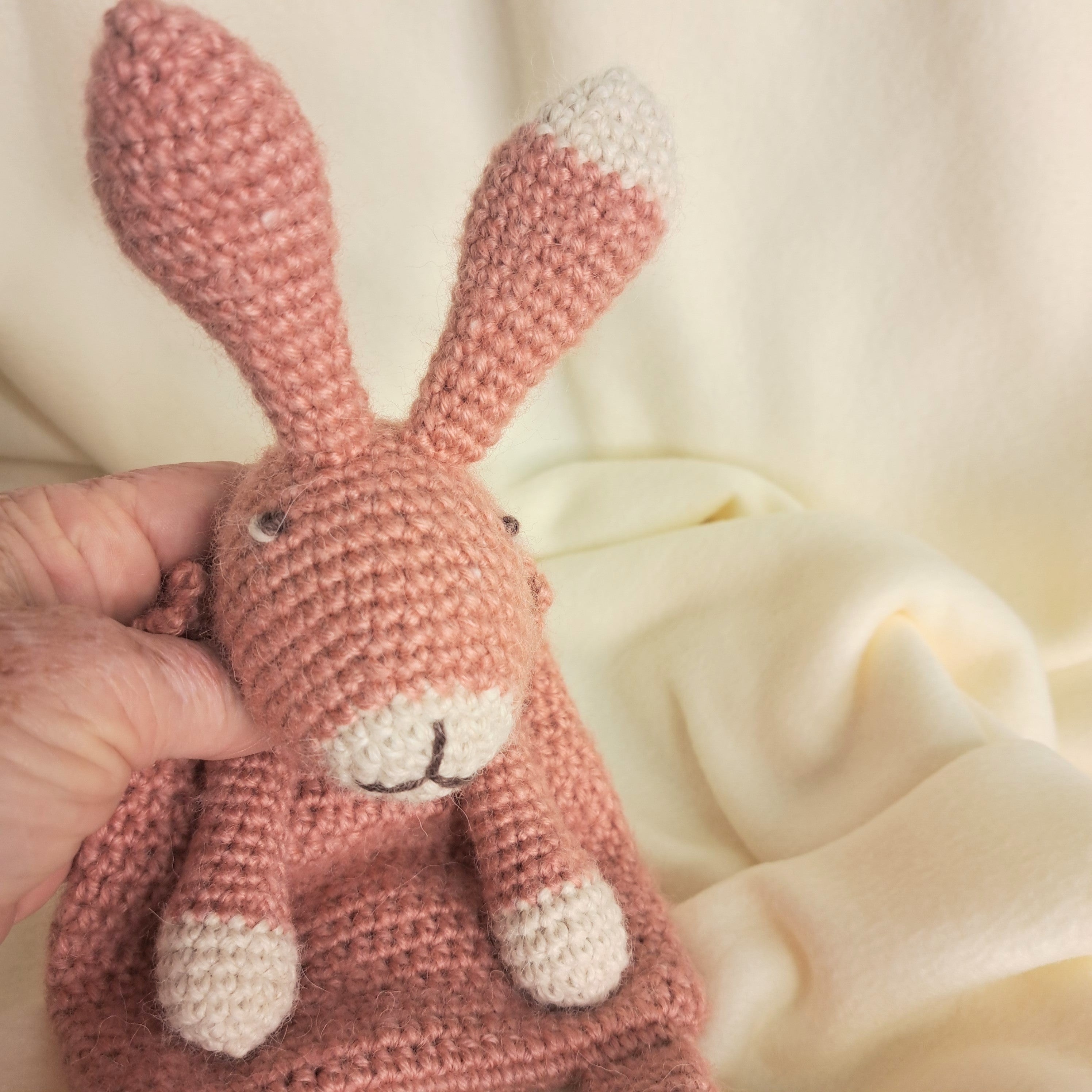 Handmade crochet rabbit snuggler, Australian wool, alpaca, silk