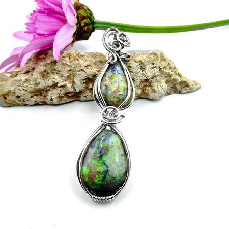 Two Andamooka opals pendant antiqued Sterling silver wire