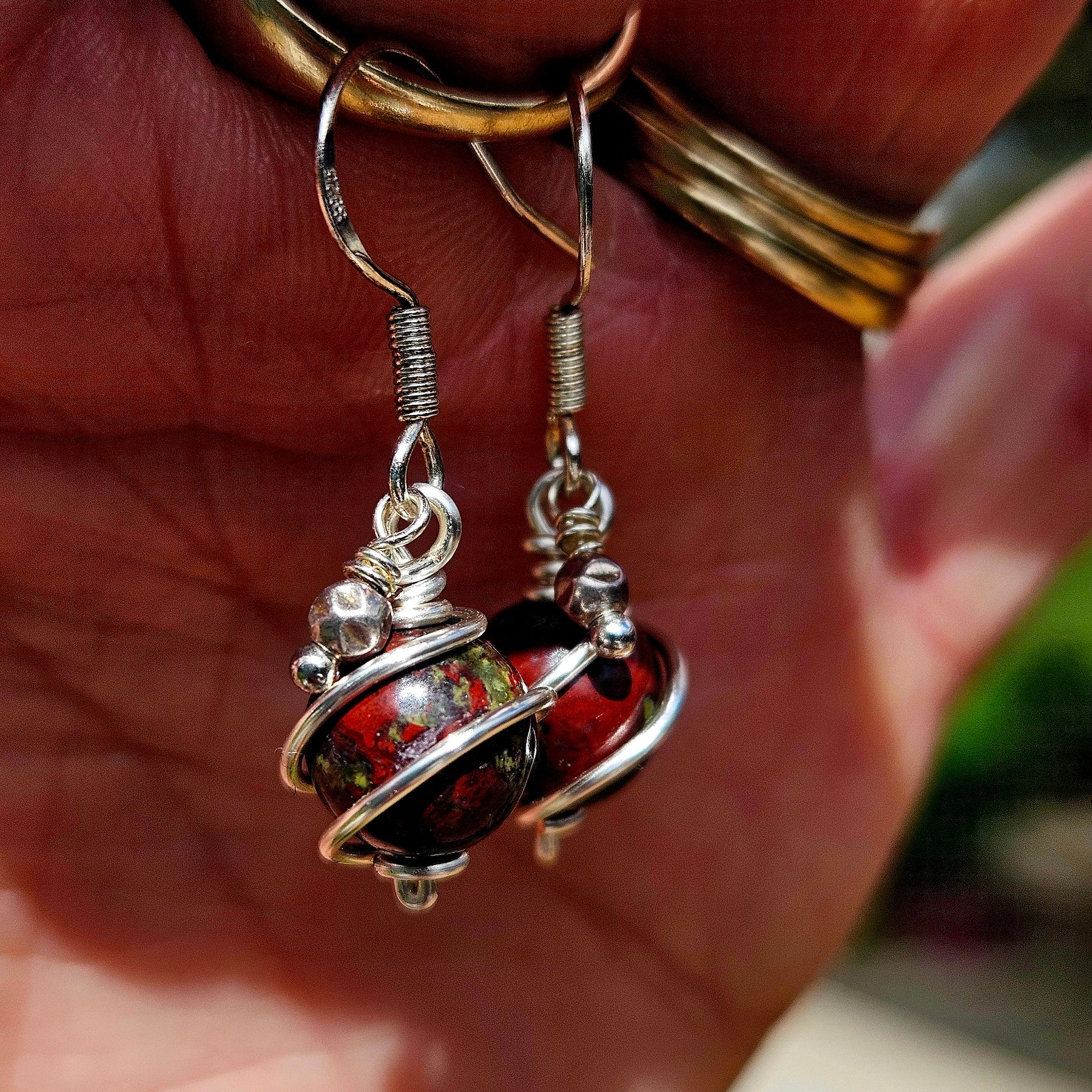 Bloodstone & Thai Silver Wirework Earrings