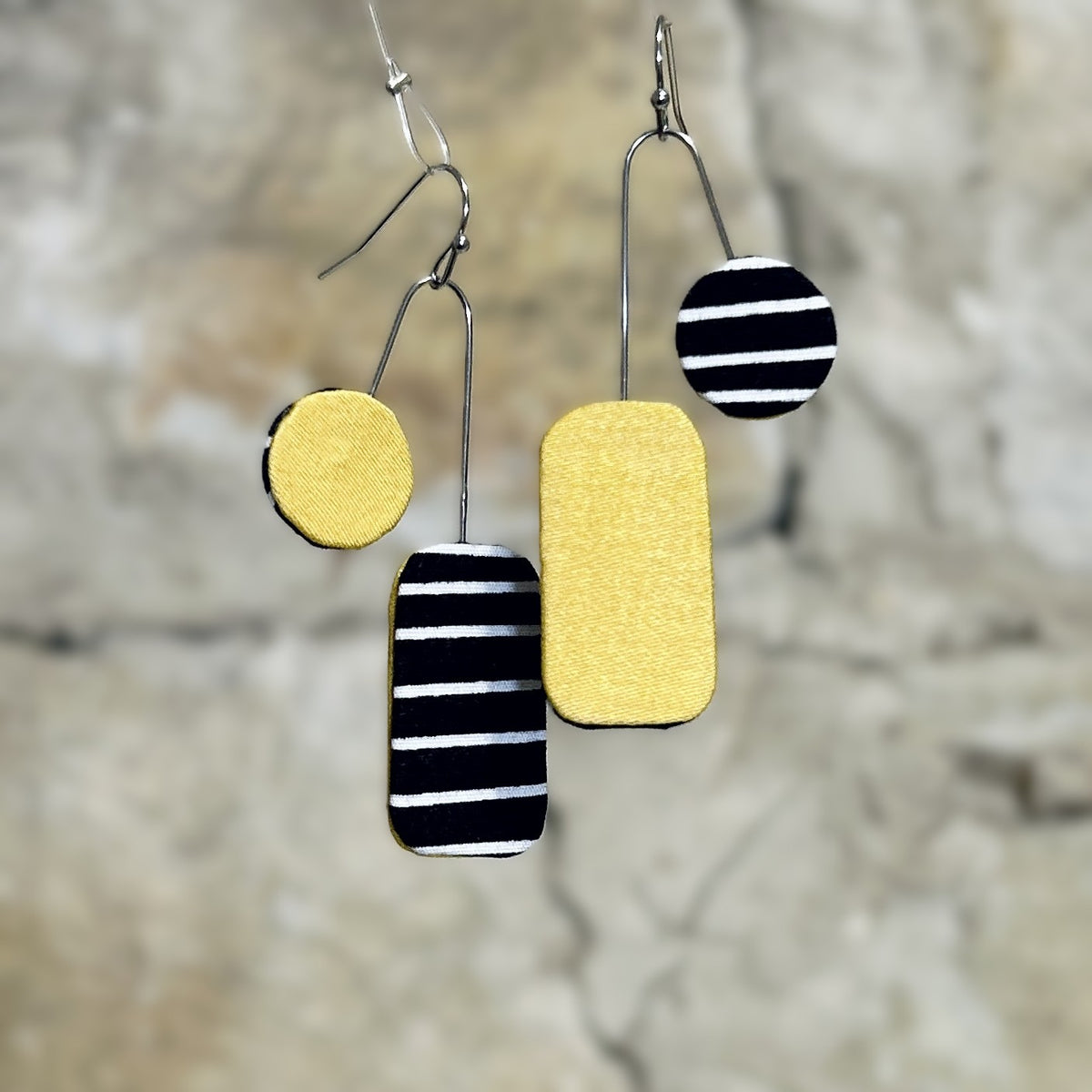 Earrings Asymmetrical Textile Yellow Black White Stripe - EC-646