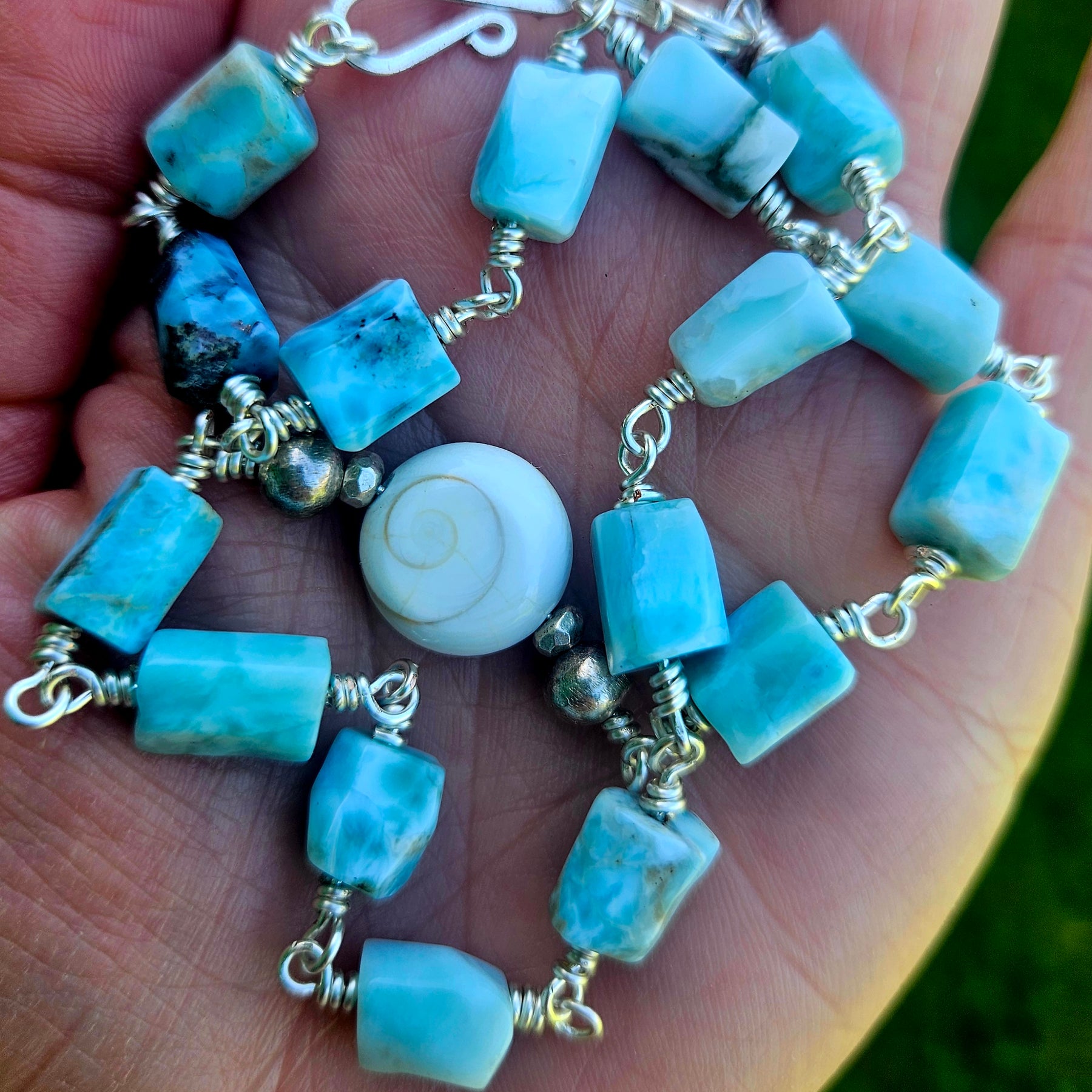 Handcrafted Larimar, Thai Silver and catseye Gemstone Necklace