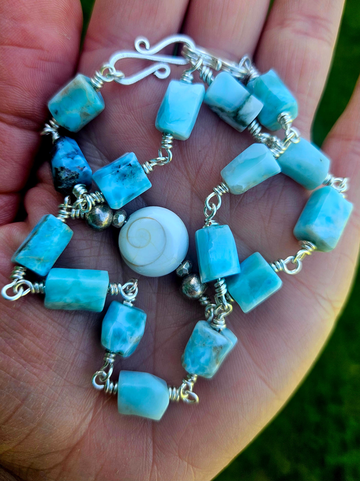 Handcrafted Larimar, Thai Silver and catseye Gemstone Necklace