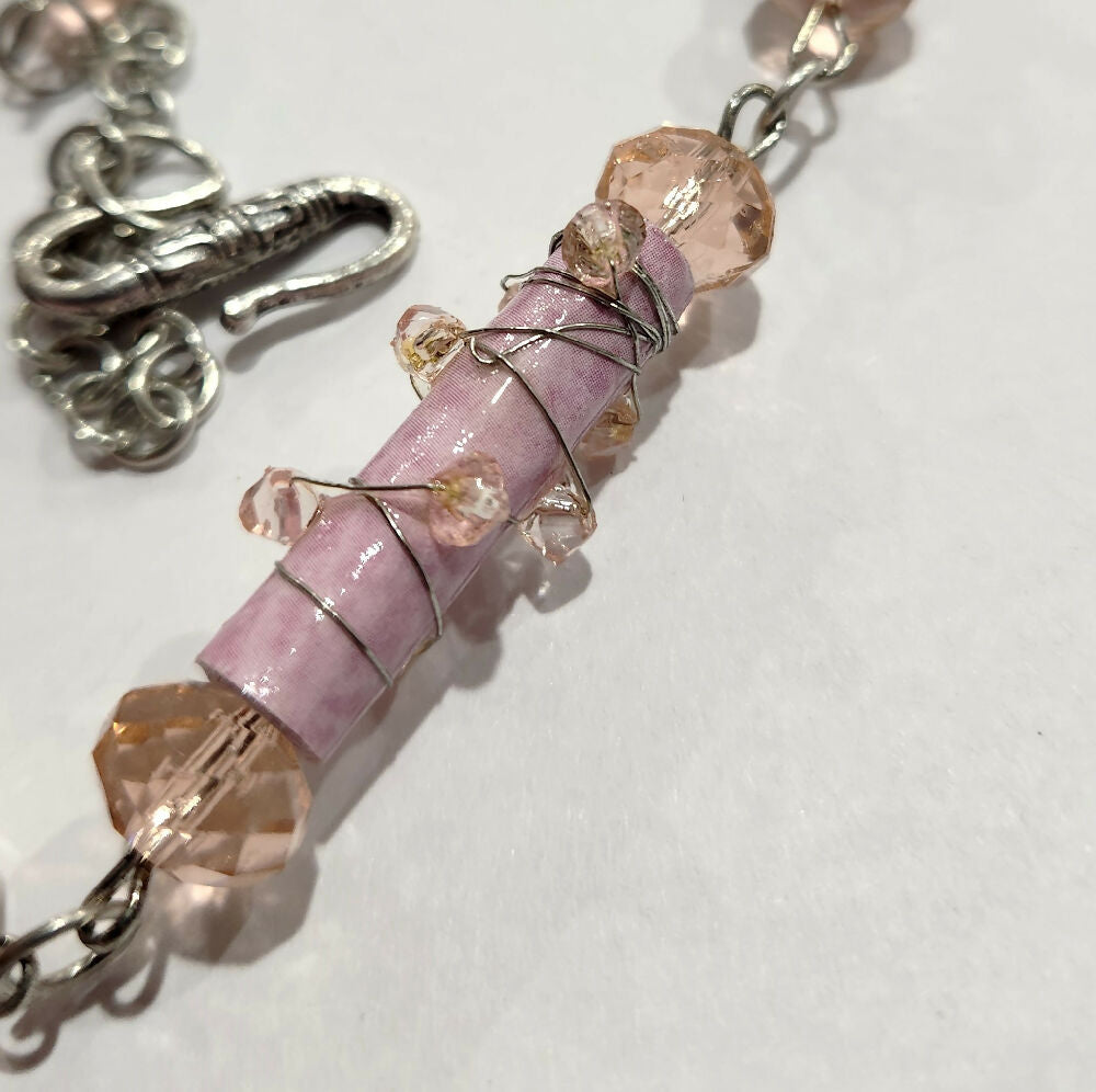 Beaded necklace, pink wire wrap paper beads.